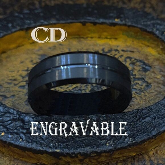 Personalized Men's Black Wedding Ring Band With a Black Center Groove Outer Band - Picture 1 of 8